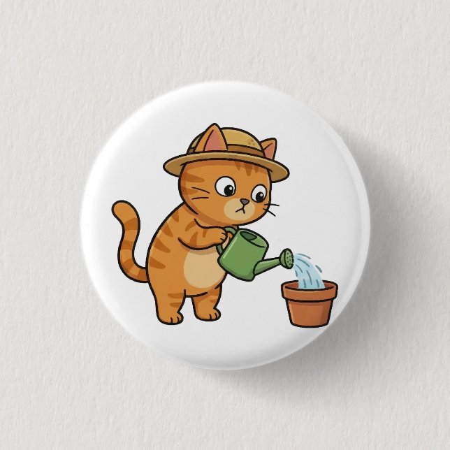 Bóton Redondo 2.54cm Gato de jardinagem regando planta botão (Frente)