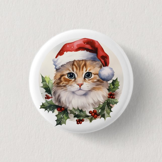 Bóton Redondo 2.54cm Gato De Natal Cinto Em Santa Hat (Frente)