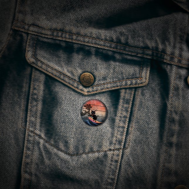 Bóton Redondo 2.54cm Gato de Onda Sunset (Sunset Wave-Riding Cat 1 Inch Round Button)