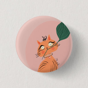 Bóton Redondo 2.54cm Gato Engraçado Planta Folha Cartoon