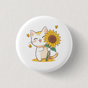 Bóton Redondo 2.54cm Gato Fofo com Design Kawaii de Girassol