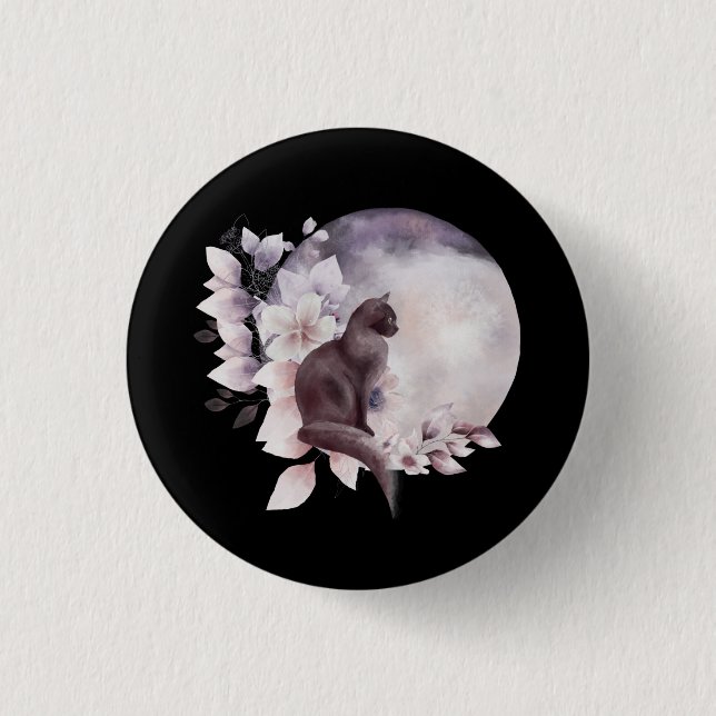 Bóton Redondo 2.54cm Gato Negro por uma Lua Mágica Cheia (Frente)