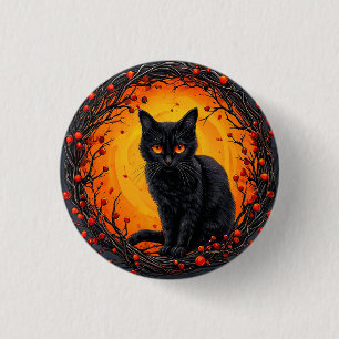 Bóton Redondo 2.54cm Gato Preto de Halloween com Olhos Brilhantes