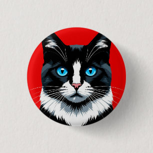 Bóton Redondo 2.54cm Gato Preto e Branco Com Olhos Azuis Vibrantes