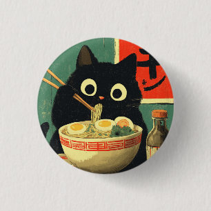 Bóton Redondo 2.54cm Gato Preto Engraçado Comendo Ramen