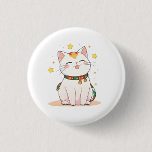 Bóton Redondo 2.54cm Gato Sortudo com Estrelas Design Kawaii
