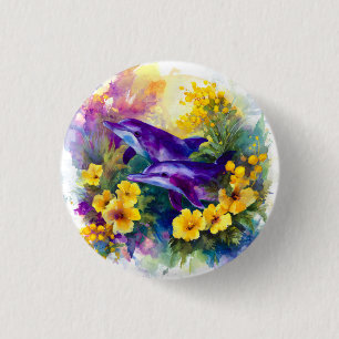 Bóton Redondo 2.54cm Golfinhos do Oceano em Aquarela Flores Tropicais