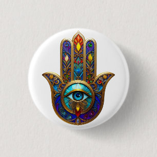 Bóton Redondo 2.54cm Hamsa Colorido Dourado Terceiro Olho Turquesa Safi