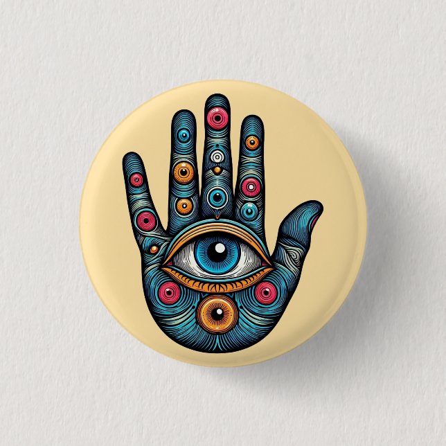 Bóton Redondo 2.54cm Hamsa Mão com e ilustração de arte ocular (Frente)
