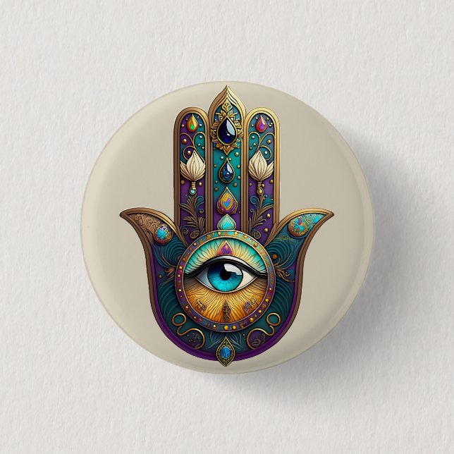 Bóton Redondo 2.54cm Hamsa Violeta Dourado Turquesa c/ Terceiro Olho Tu (Frente)
