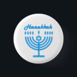 Bóton Redondo 2.54cm Hanukkiah Happy Hanukkah Holiday Menorah<br><div class="desc">Símbolo Hanukkiah. Feliz Festa de Hanukkah Feriado Judeu Menorah Azul. Decoração de Feriado Judeu Chanukkah com o símbolo decorativo tradicional de Chanuka - Marinho Blue color hanukkiah menorah, candelabro com velas, estrela de David e ilustração azul neon brilhante. Festa de Chanucá das Luzes Decoração do Evento. Jerusalém, Israel. Acessórios >...</div>