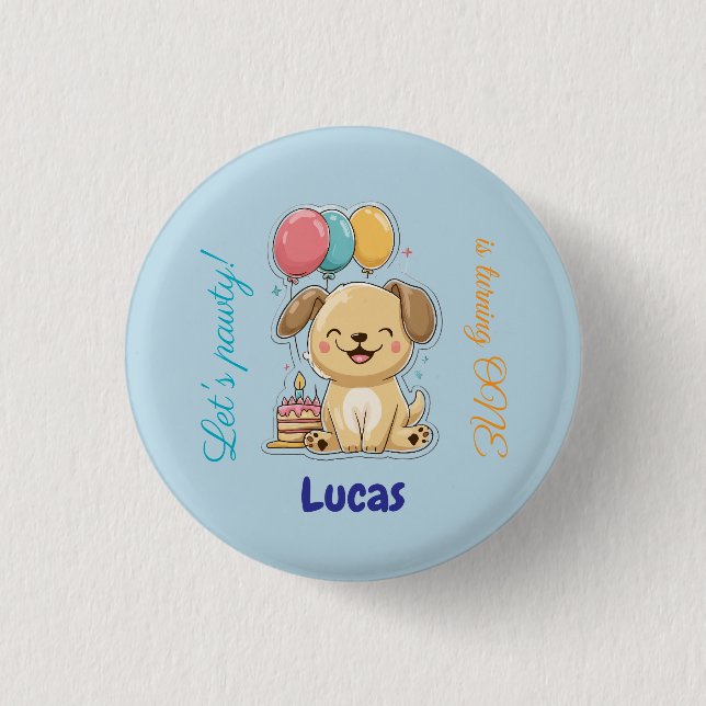 Bóton Redondo 2.54cm Happy Puppy, Boy, Let's Pawty, 1st Birthday  (Frente)
