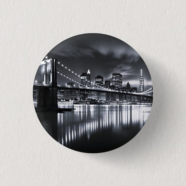 Bóton Redondo 2.54cm Horizonte de Nova York Ponte de Brooklyn Monocromá (Frente)