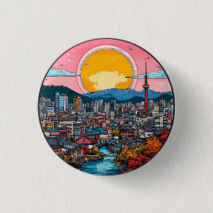 Bóton Redondo 2.54cm Horizonte Urbano Vibrante de Seul