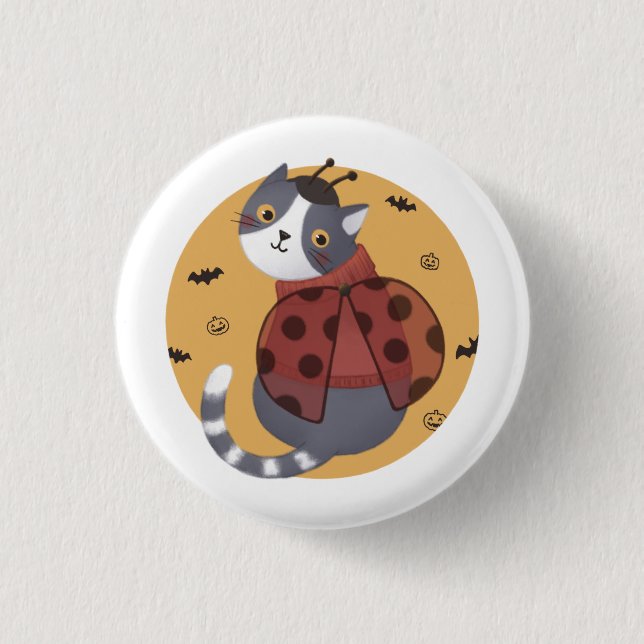 Bóton Redondo 2.54cm Ilustração de Halloween: Gato de Ladybug (Frente)
