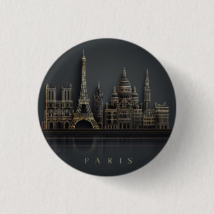 Bóton Redondo 2.54cm Ilustração Elegante da Silhueta de Paris Dourada