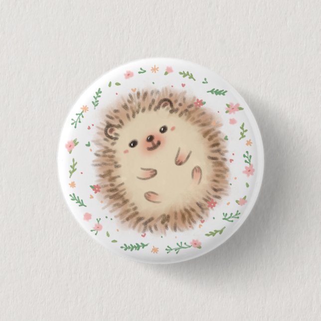 Bóton Redondo 2.54cm Ilustração Hedgehog & Flowers (Frente)