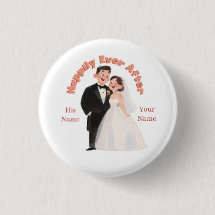 Bóton Redondo 2.54cm Ilustração Personalizada de Casal de Noivos Felize