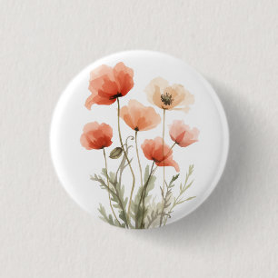 Bóton Redondo 2.54cm Impressão Floral Aquarela Papoulas Coral