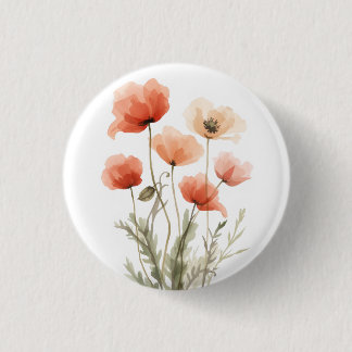Bóton Redondo 2.54cm Impressão Floral Aquarela Papoulas Coral