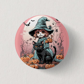Bóton Redondo 2.54cm Insígnia de bruxa zumbi de Halloween com gato pret