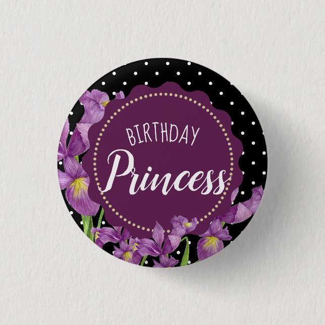 Bóton Redondo 2.54cm Iris Bolinhas Botânicas, Púrpura, De Aquarelas (Frente)