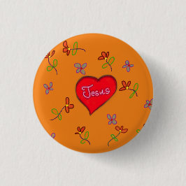 Bóton Redondo 2.54cm Jesus Coração Vermelho Floral Laranja Cristão