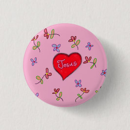 Bóton Redondo 2.54cm Jesus Coração Vermelho Floral Rosa Cristão