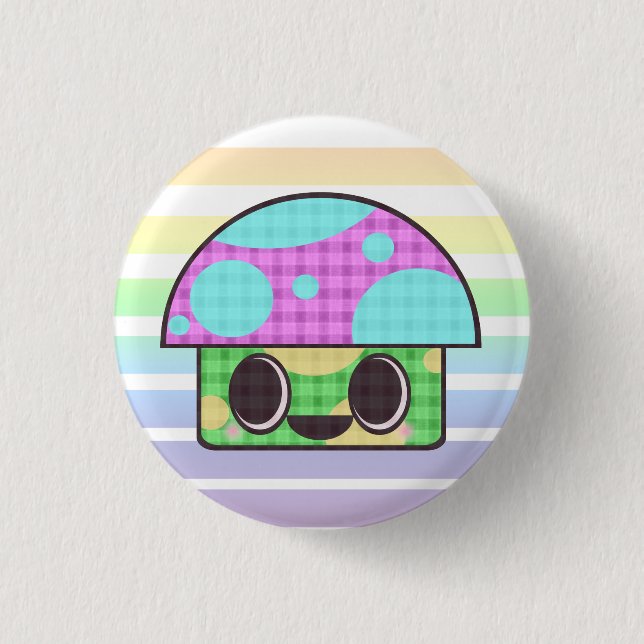 BÓTON REDONDO 2.54CM KAWAII MUSHROOM SHROOM GINGHAM XADREZ DE PATCHWORK (Frente)