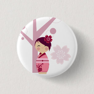 Bóton Redondo 2.54cm Kokeshi Sakura e Pin da árvore de cereja