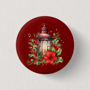 Bóton Redondo 2.54cm Lanterna de Natal Vermelho Poinsettia e Pinheiro
