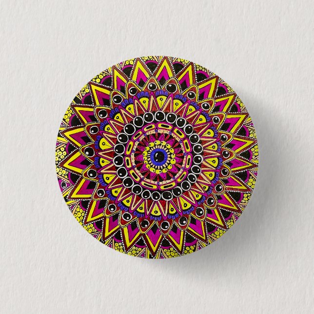 Bóton Redondo 2.54cm Lápis de Cor Roxo Amarelo Mandala (Frente)