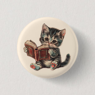 Bóton Redondo 2.54cm Leitura de um gato bonito retrava ilustração infan