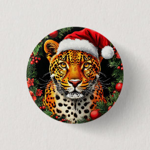 Bóton Redondo 2.54cm Leopardo Festivo Usando Chapéu de Papai Noel
