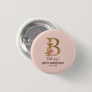Bóton Redondo 2.54cm Letra B Nome Personalizado Rosa Bege Dourado Botão