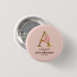 Bóton Redondo 2.54cm Letra Personalizada A Dourado Rosas Rosa Pálido