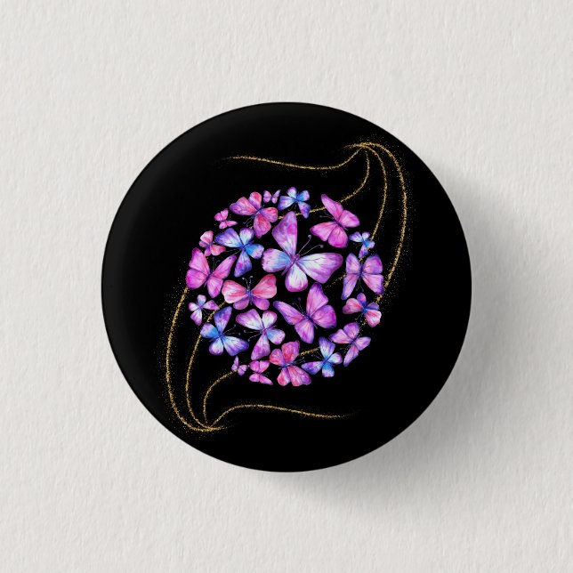 Bóton Redondo 2.54cm Lindas Borboletas de Aquarela com Bling Dourado (Frente)