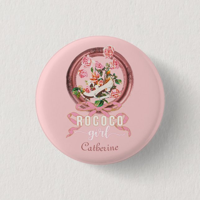 Bóton Redondo 2.54cm Lindo Clássico Sapato com Laço Rosas Menina Rococó (Frente)