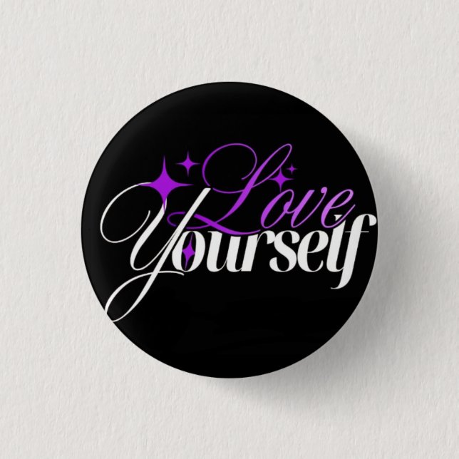 Bóton Redondo 2.54cm Love Yourself Purple & White Script Button (Frente)