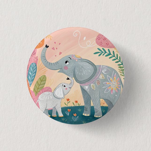 Bóton Redondo 2.54cm Mãe e Bebê Elefante (Frente)