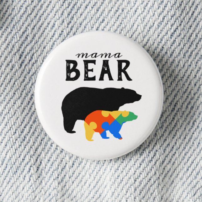 Bóton Redondo 2.54cm Mama Bear Urso Autismo Consciência (Mama Baby Bear Autism Awareness Button)