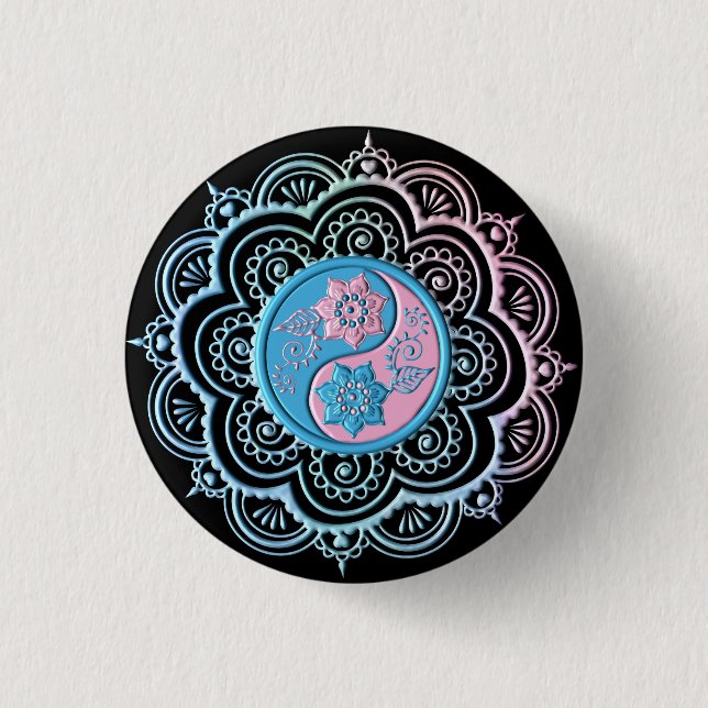 Bóton Redondo 2.54cm Mandala Azul e Rosa (Frente)