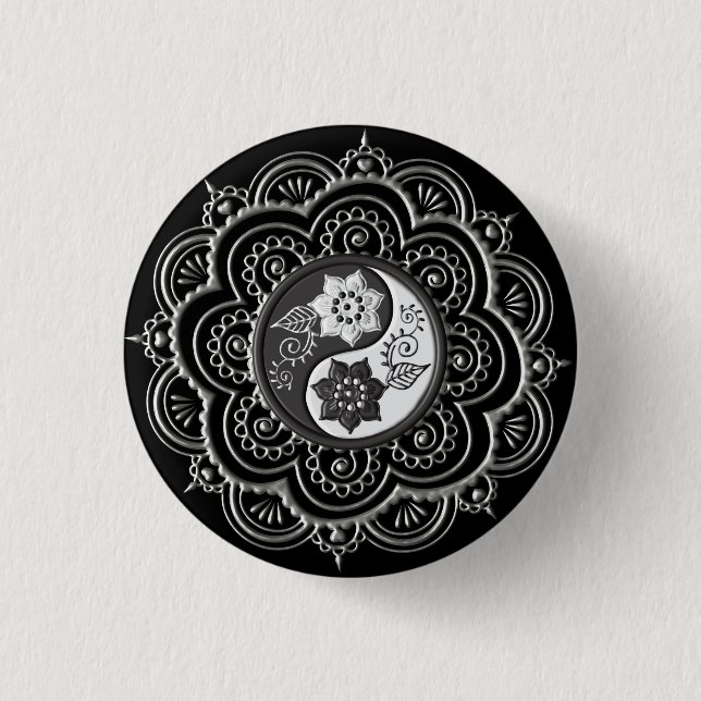 Bóton Redondo 2.54cm Mandala Prata e Preto (Frente)