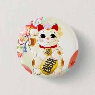Bóton Redondo 2.54cm Maneki Neko - Gato da Fortuna Japonesa