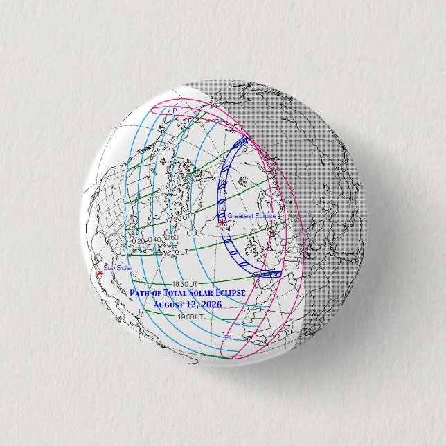 Bóton Redondo 2.54cm Mapa do Eclipse Solar Total de 2026 (Frente)