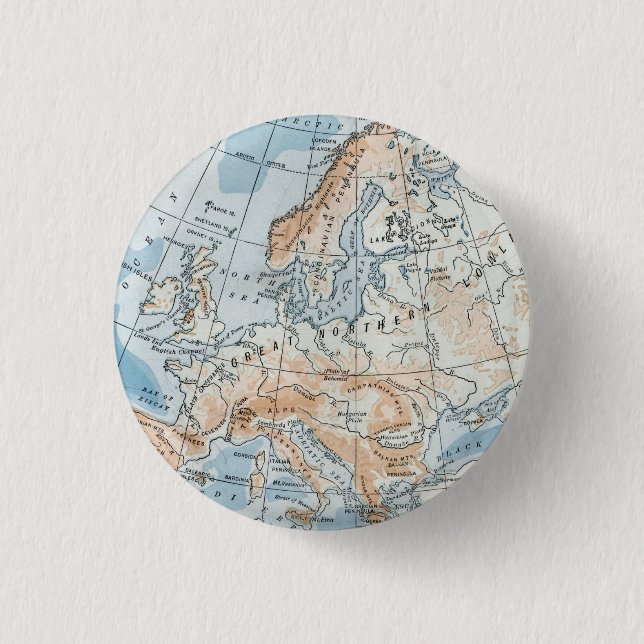 Bóton Redondo 2.54cm Mapa Físico da Europa (1916) (Frente)