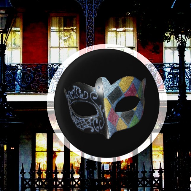 Bóton Redondo 2.54cm Mardi Gras Mask Harlequin, Scrollwork Pattern  (Criador carregado)