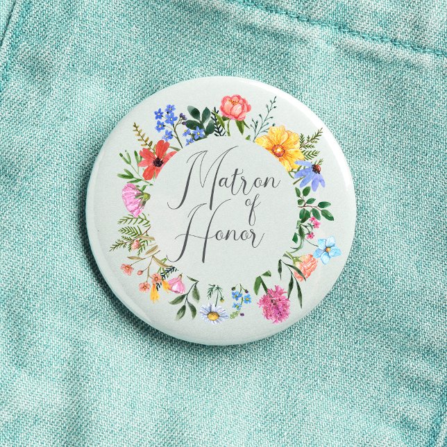 Bóton Redondo 2.54cm Matrimônio de Maravilha de Honra (Matron of Honor Wildflower Watercolor Floral Wreath Wedding Button
)