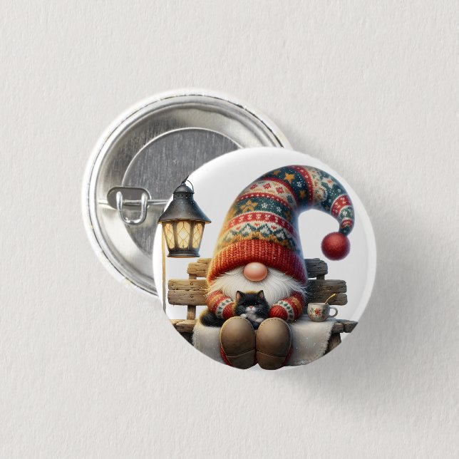 Bóton Redondo 2.54cm Metal Button Pin Winter Gnome (Frente & Verso)