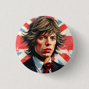 Bóton Redondo 2.54cm Mick Jagger Rolling Stones em frente a um Union Ja